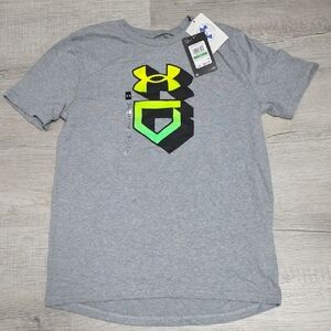 NWT Under Armour Boy's Gray Graphic T-Shirt With UA & Baseball Homeplate Logo-YL